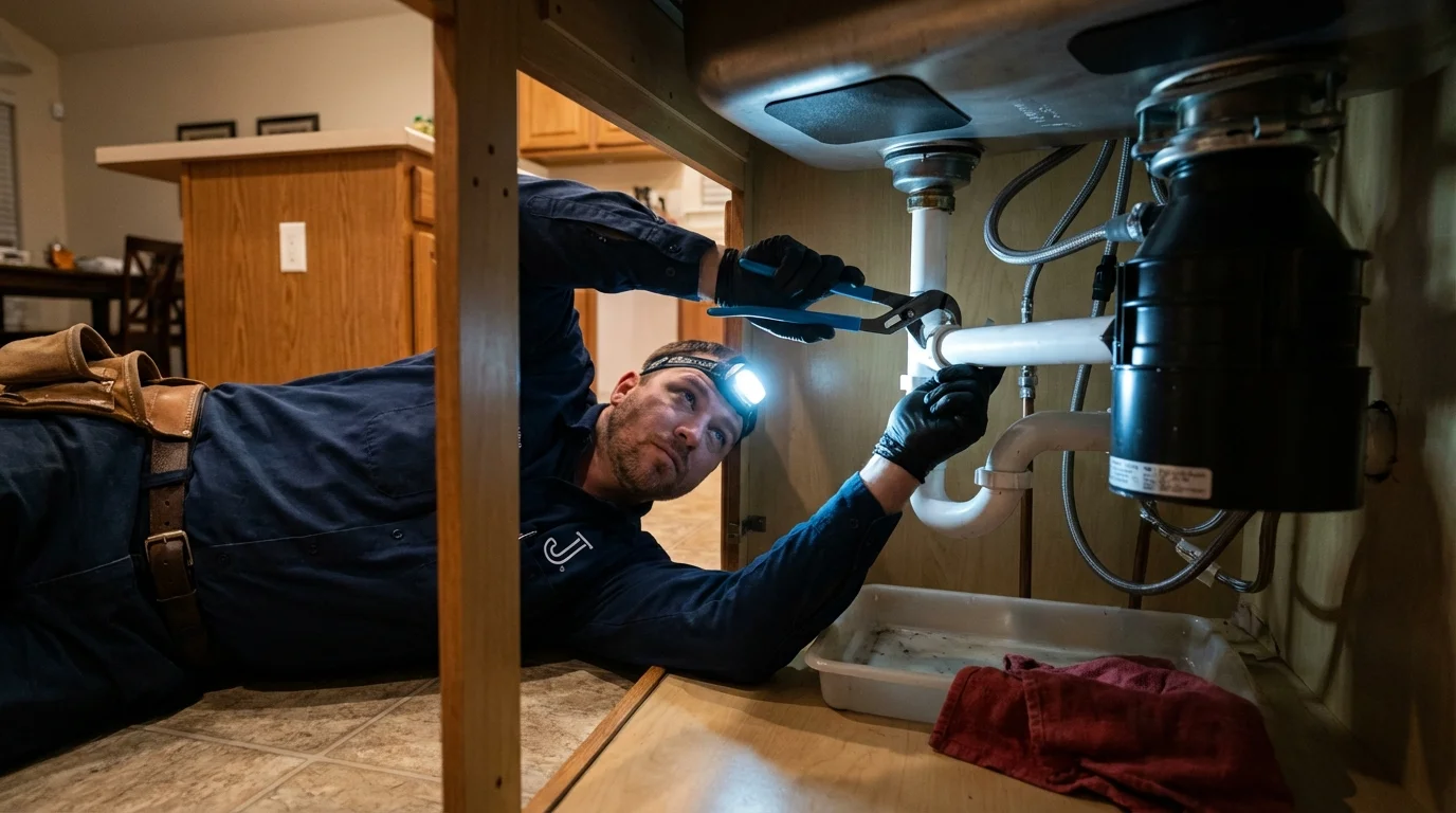 P-trap and supply line connections under a kitchen sink showing a common leak point in Brea, CA